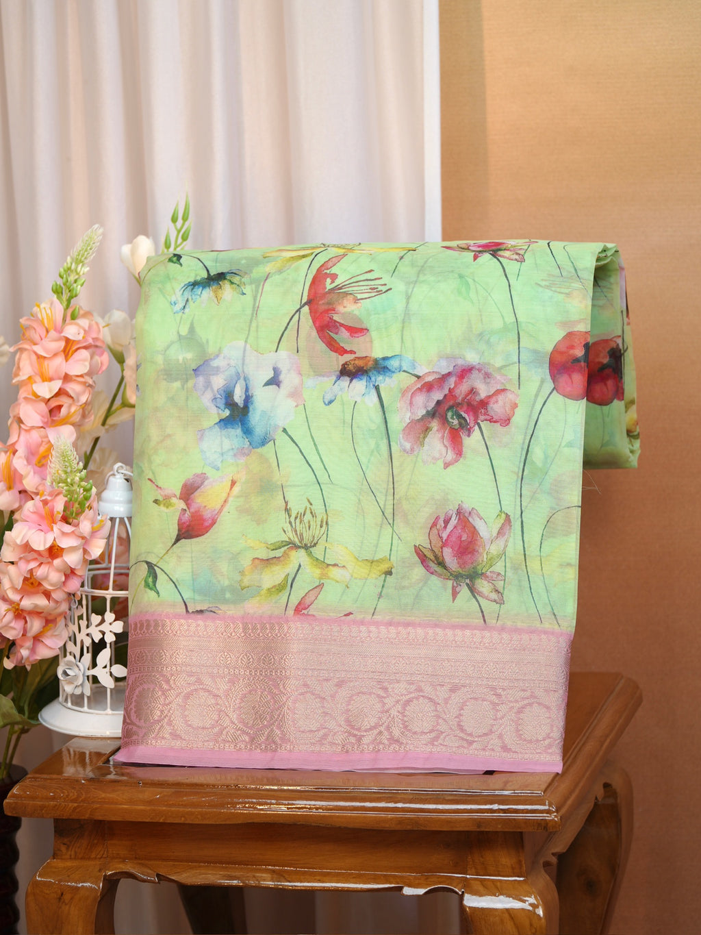 Multicolor Floral Printed Banarasi Soft Organza Silk Saree with Zari Border