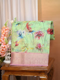 Multicolor Floral Printed Banarasi Soft Organza Silk Saree with Zari Border