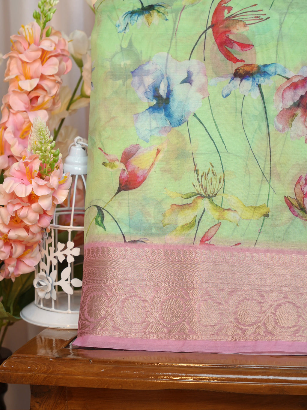 Multicolor Floral Printed Banarasi Soft Organza Silk Saree with Zari Border