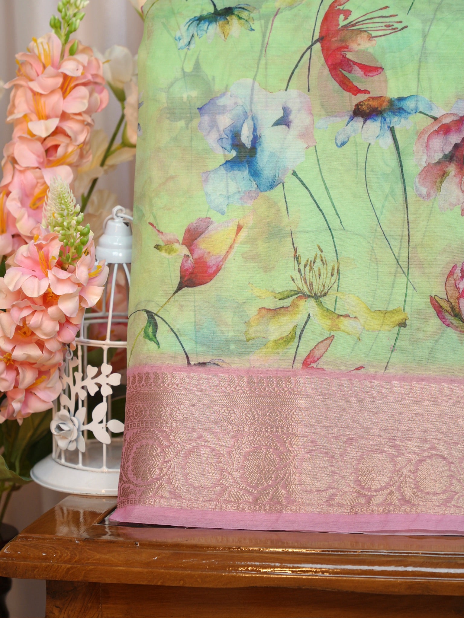Multicolor Floral Printed Banarasi Soft Organza Silk Saree with Zari Border