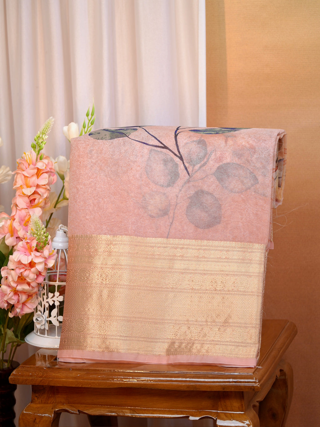 Peach & Yellow Floral Printed Banarasi Soft Organza Silk Saree with Zari Border