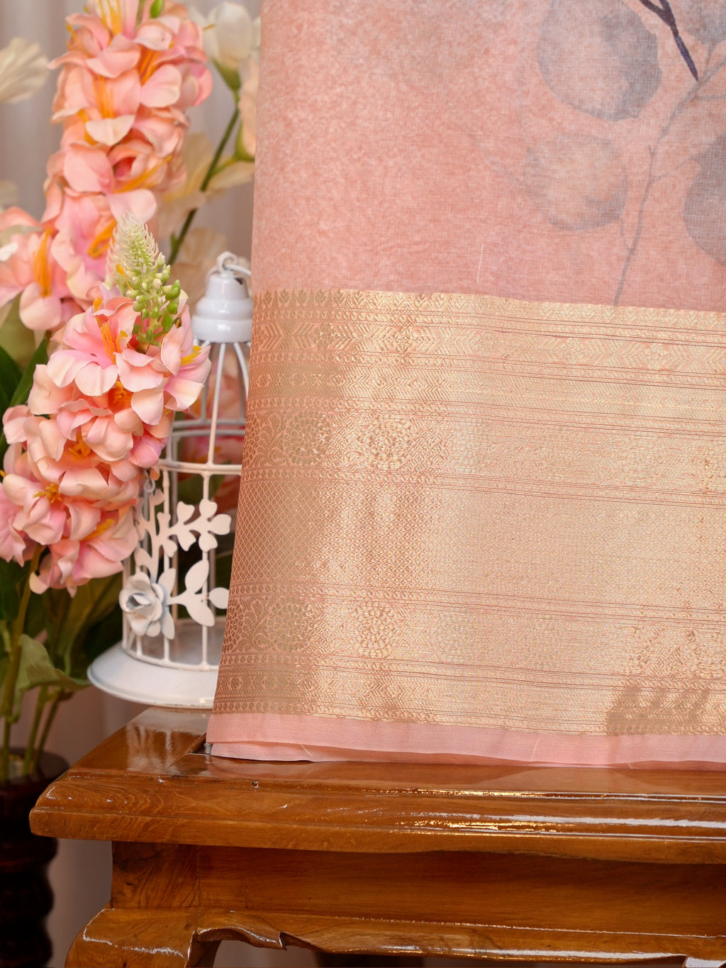 Peach & Yellow Floral Printed Banarasi Soft Organza Silk Saree with Zari Border