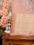 Peach & Yellow Floral Printed Banarasi Soft Organza Silk Saree with Zari Border