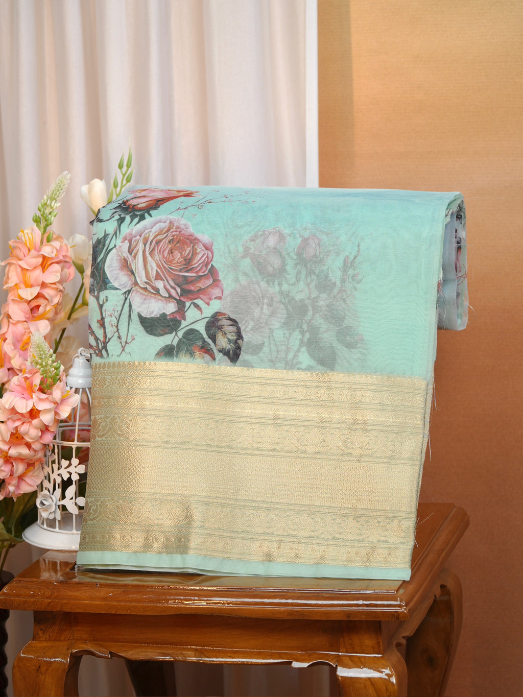 Sea Green & Sky Blue Floral Printed Banarasi Soft Organza Silk Saree with Zari Border