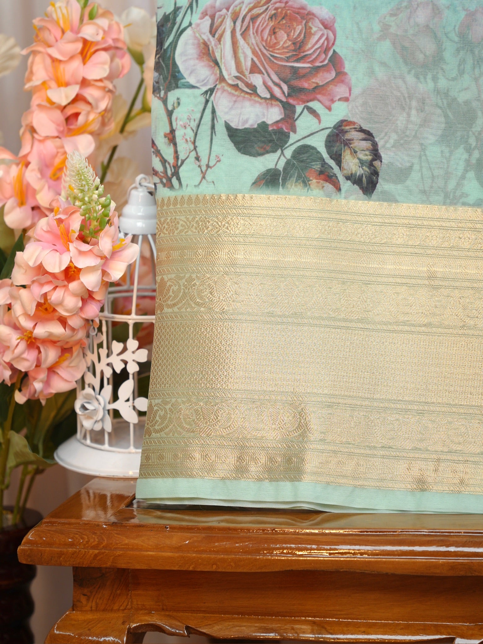 Sea Green & Sky Blue Floral Printed Banarasi Soft Organza Silk Saree with Zari Border