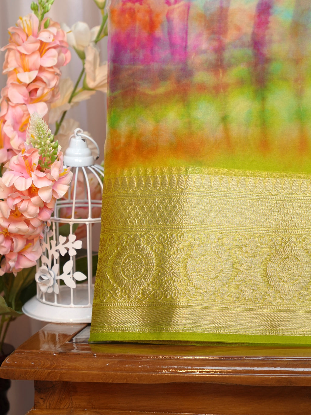 Multicolor Tie-Dye Printed Banarasi Soft Organza Silk Saree with Zari Border