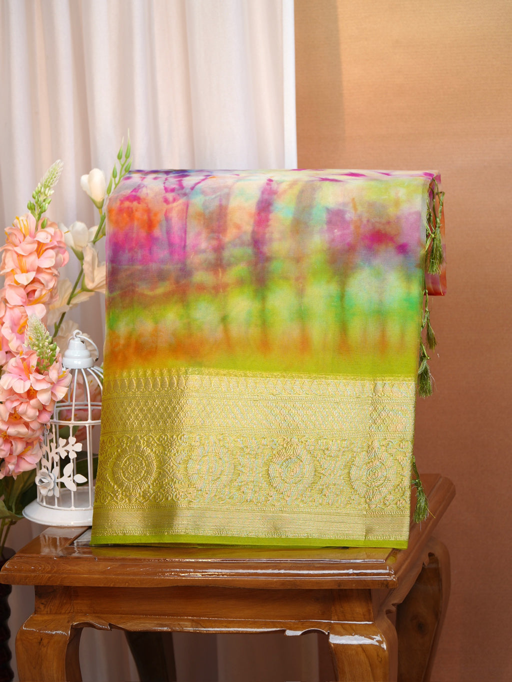 Multicolor Tie-Dye Printed Banarasi Soft Organza Silk Saree with Zari Border