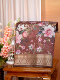 Rust Brown Floral Printed Banarasi Soft Silk Saree with Antique Gold Zari Border