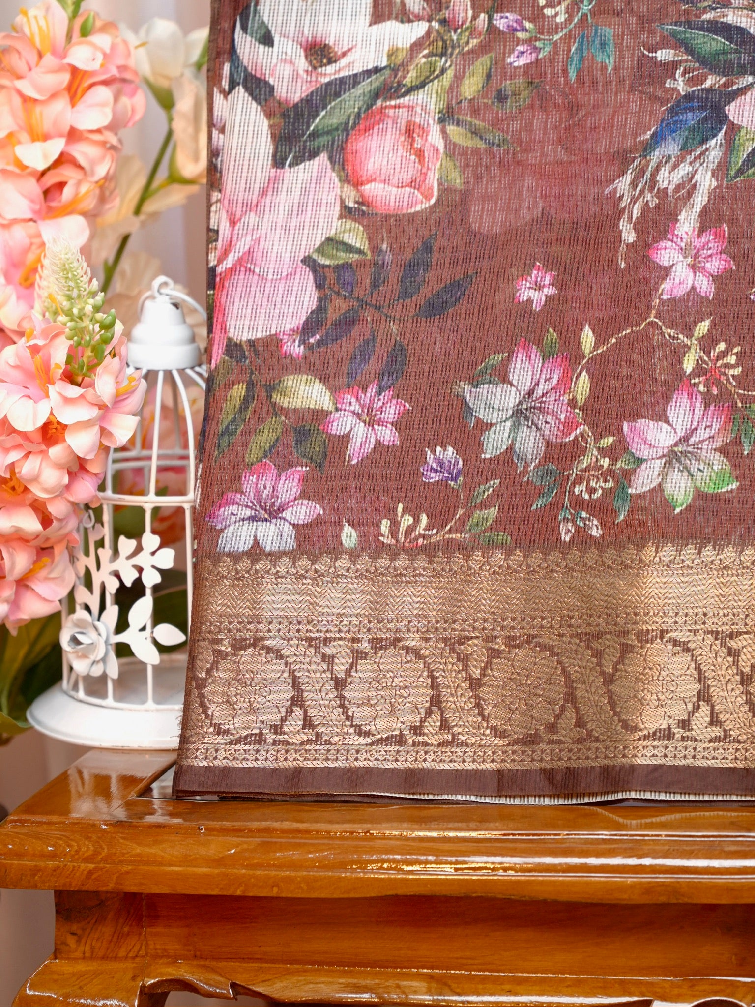 Rust Brown Floral Printed Banarasi Soft Silk Saree with Antique Gold Zari Border