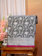 Charcoal Grey & Baby Pink Woven Jaal Banarasi Soft Silk Saree