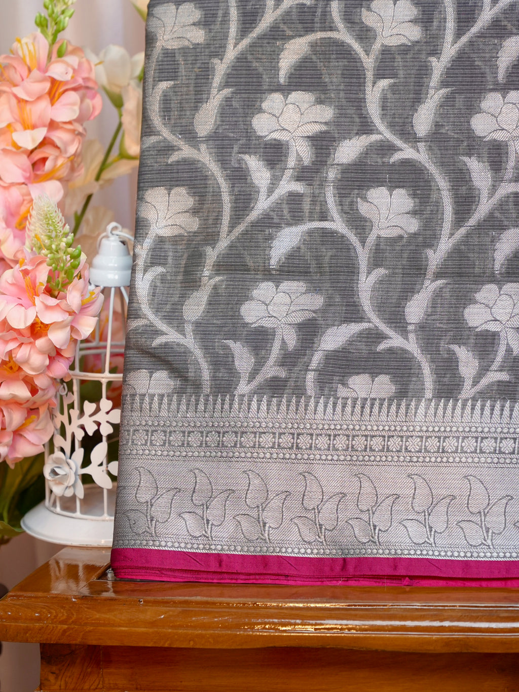 Charcoal Grey & Baby Pink Woven Jaal Banarasi Soft Silk Saree