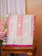 Peach Ivory Woven Checked Banarasi Soft Organza Silk Saree with Zari Border