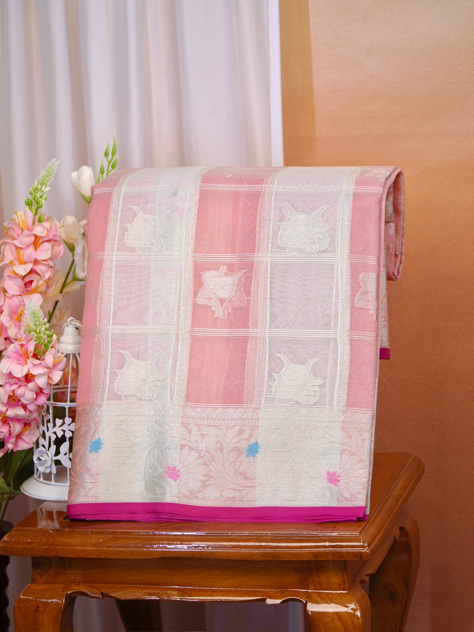 Peach Ivory Woven Checked Banarasi Soft Organza Silk Saree with Zari Border
