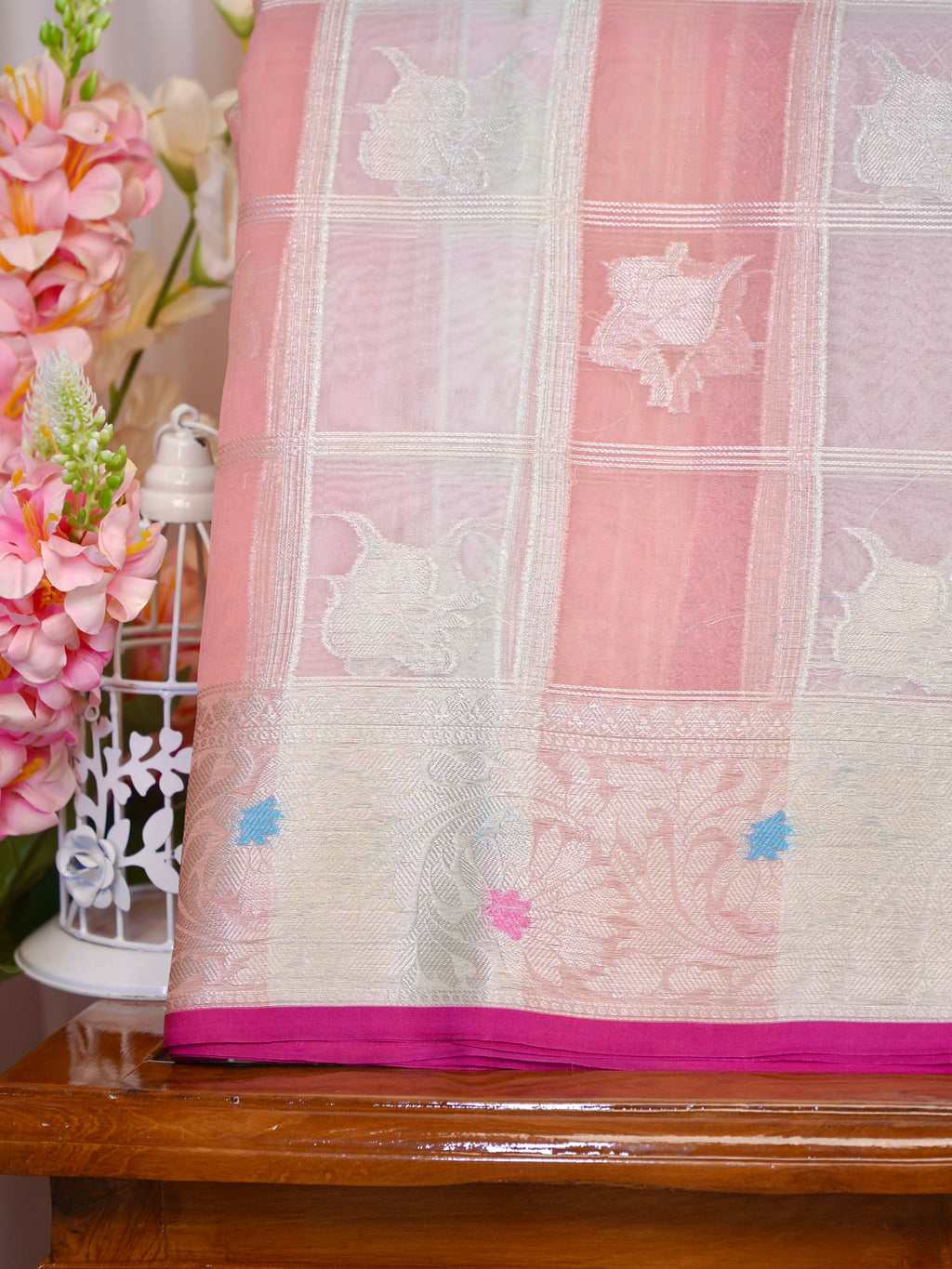 Peach Ivory Woven Checked Banarasi Soft Organza Silk Saree with Zari Border