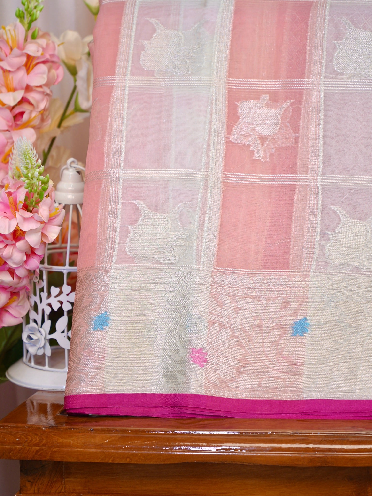 Peach Ivory Woven Checked Banarasi Soft Organza Silk Saree with Zari Border