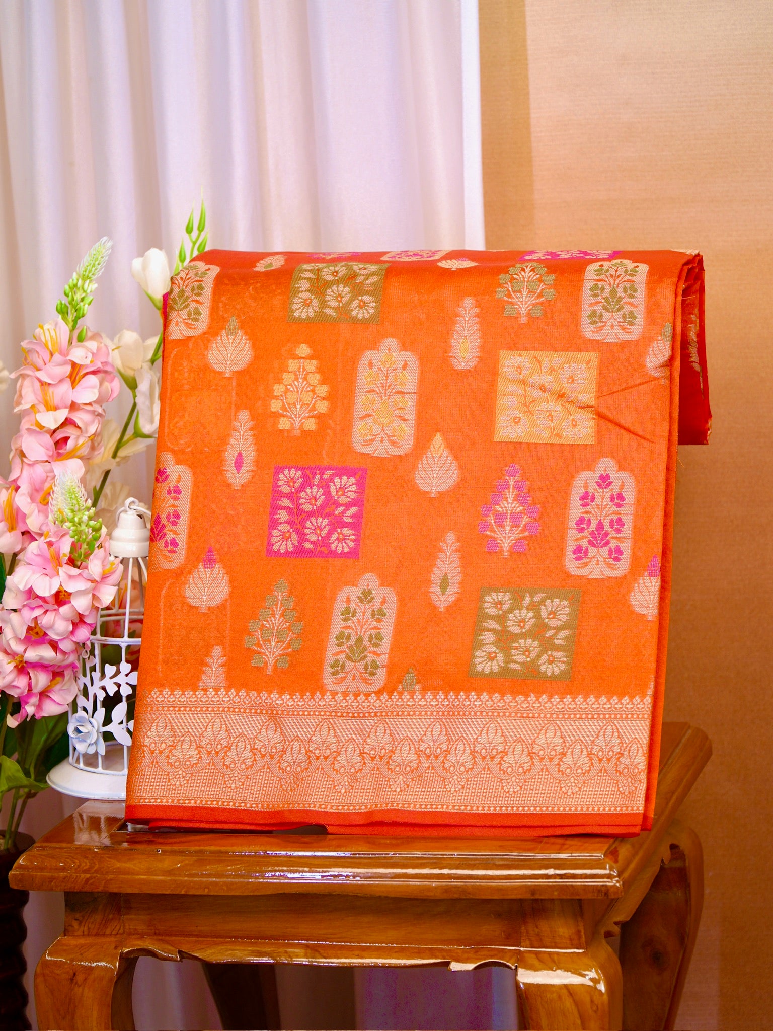 Vibrant Orange Banarasi Soft Kota Silk Saree with Meenakari Zari Buttis