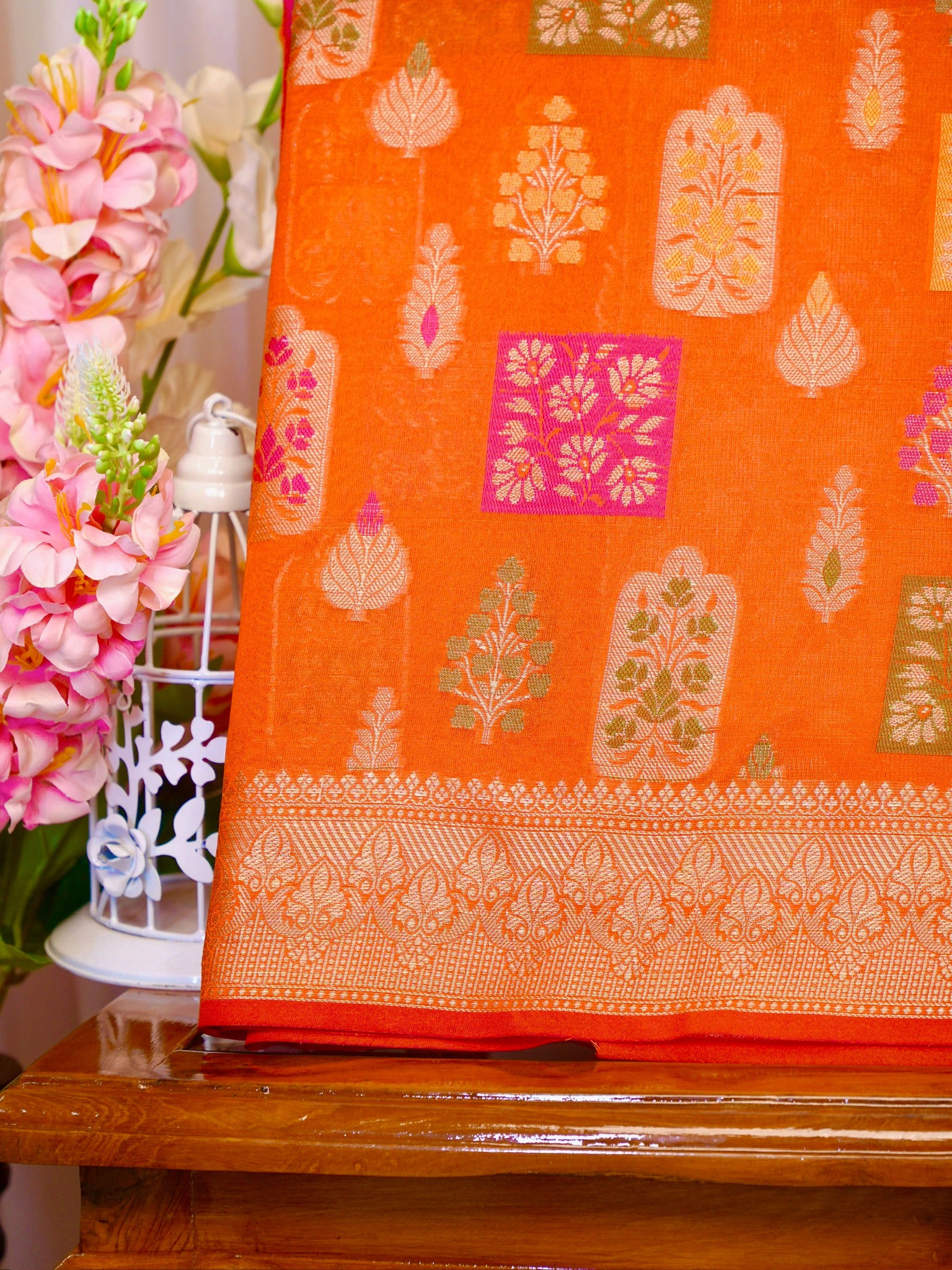 Vibrant Orange Banarasi Soft Kota Silk Saree with Meenakari Zari Buttis