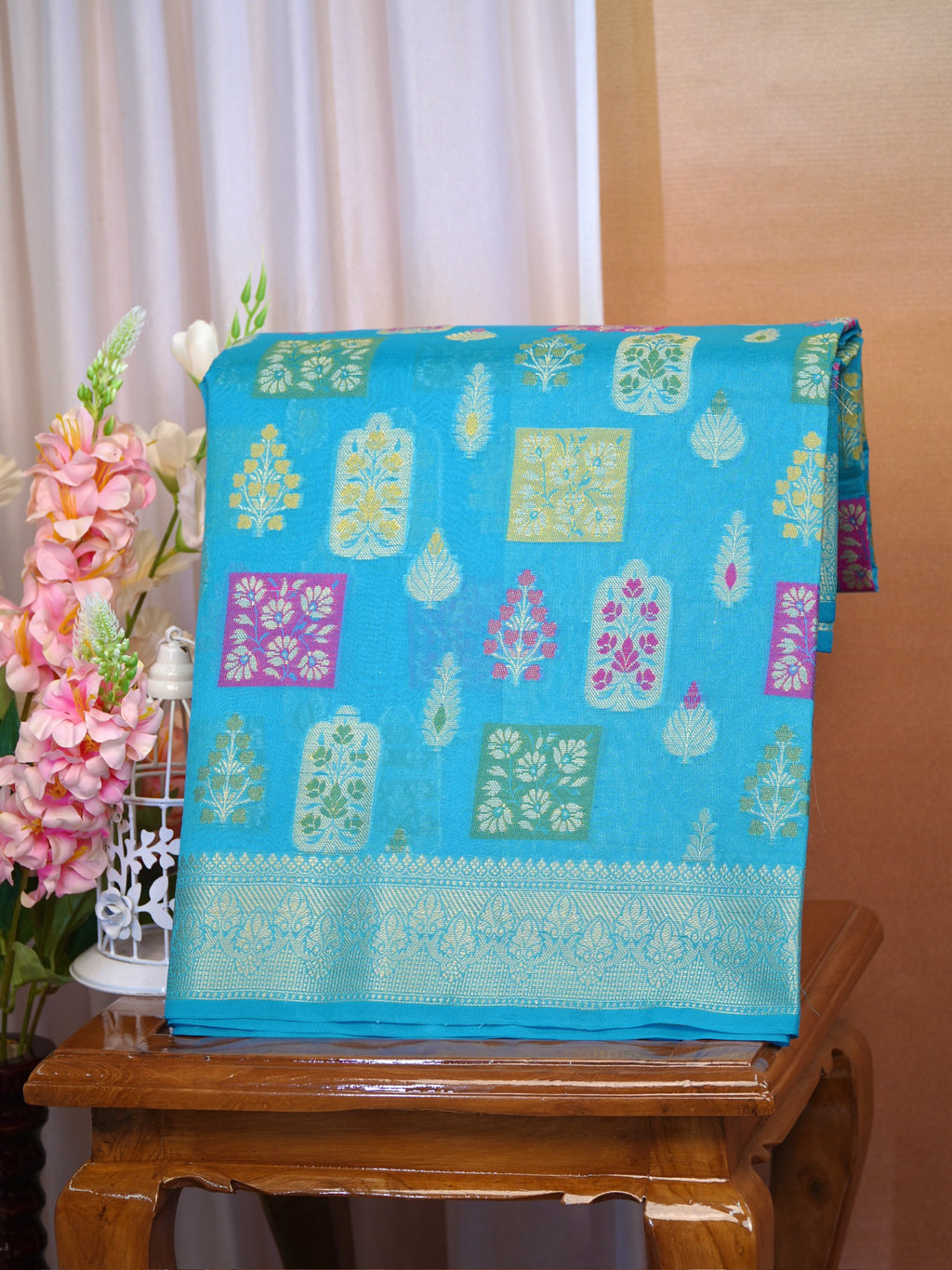 Sky Blue Banarasi Soft Kota Silk Saree with Meenakari Zari Motifs