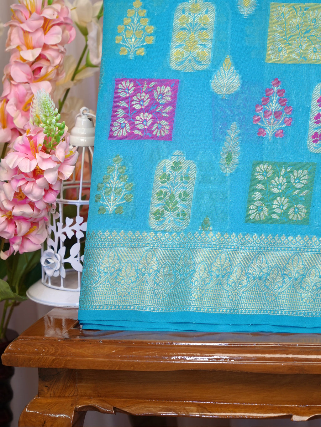 Sky Blue Banarasi Soft Kota Silk Saree with Meenakari Zari Motifs