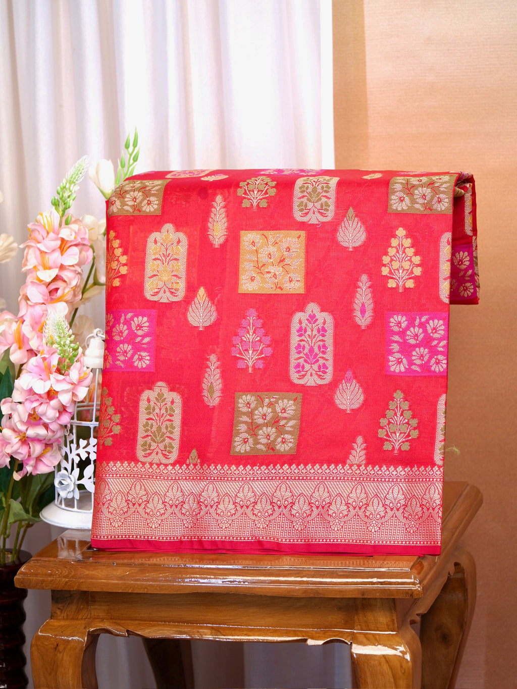 Red Banarasi Soft Kota Silk Saree with Meenakari Zari Motifs