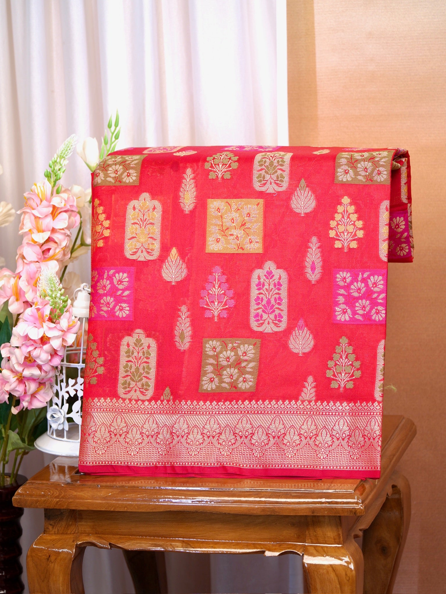 Red Banarasi Soft Kota Silk Saree with Meenakari Zari Motifs