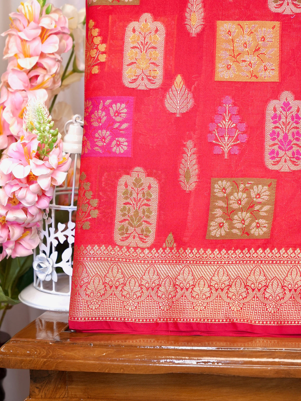 Red Banarasi Soft Kota Silk Saree with Meenakari Zari Motifs