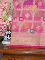 Rani Pink Banarasi Soft Kota Silk Saree with Geometric Check &amp; Floral Meenakari Weave