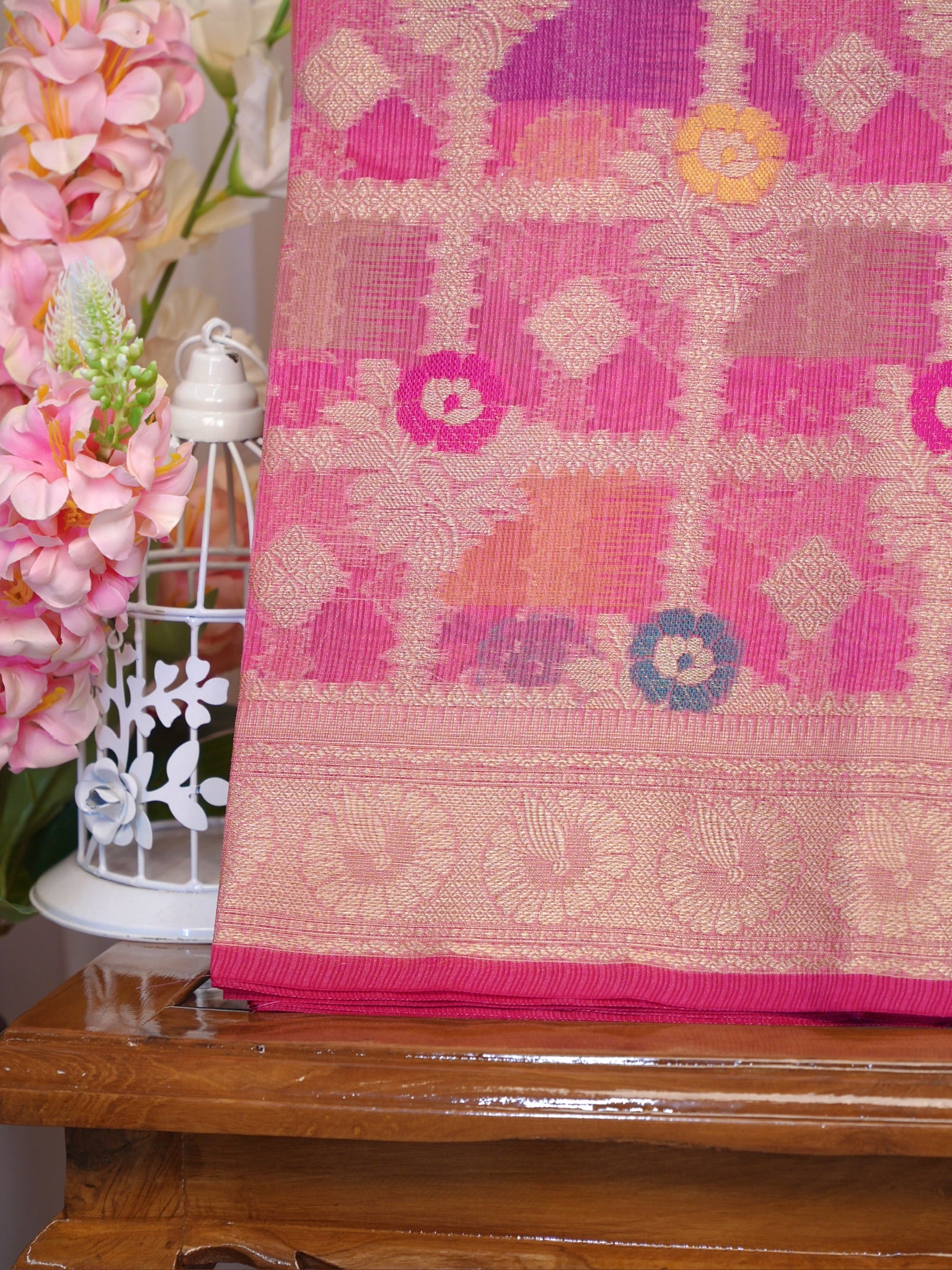 Rani Pink Banarasi Soft Kota Silk Saree with Geometric Check &amp; Floral Meenakari Weave