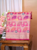 Rani Pink Banarasi Soft Kota Silk Saree with Geometric Check &amp; Floral Meenakari Weave