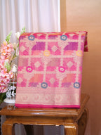 Rani Pink Banarasi Soft Kota Silk Saree with Geometric Check &amp; Floral Meenakari Weave