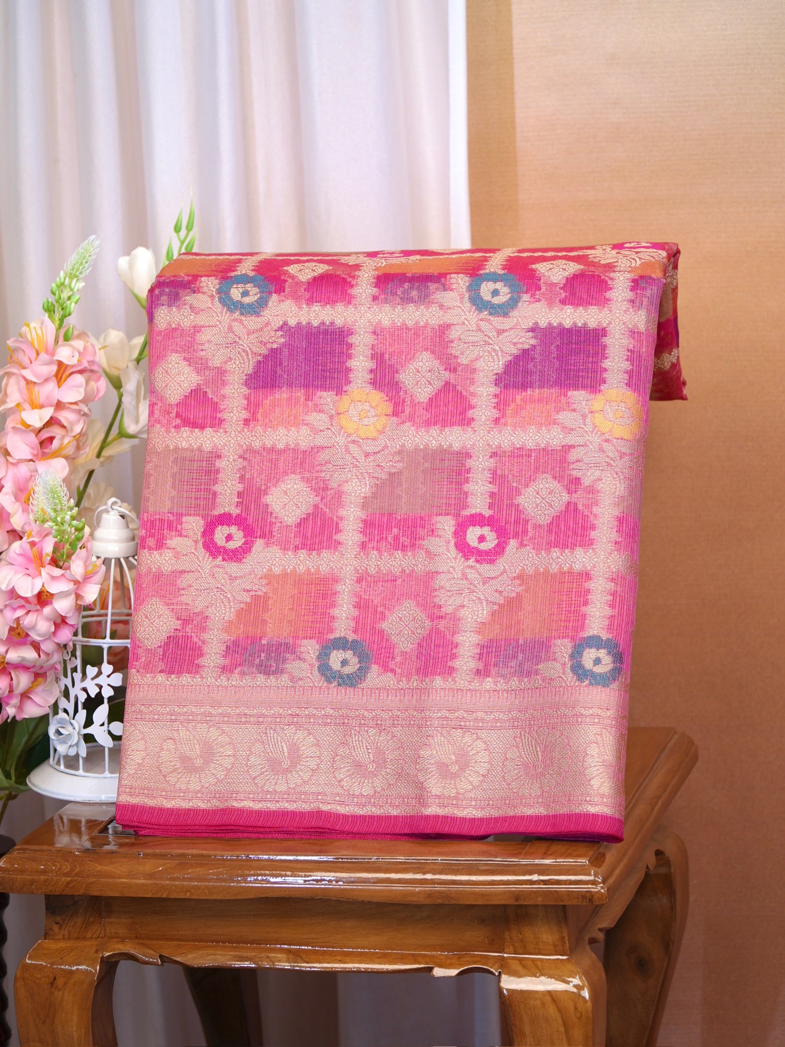 Rani Pink Banarasi Soft Kota Silk Saree with Geometric Check &amp; Floral Meenakari Weave