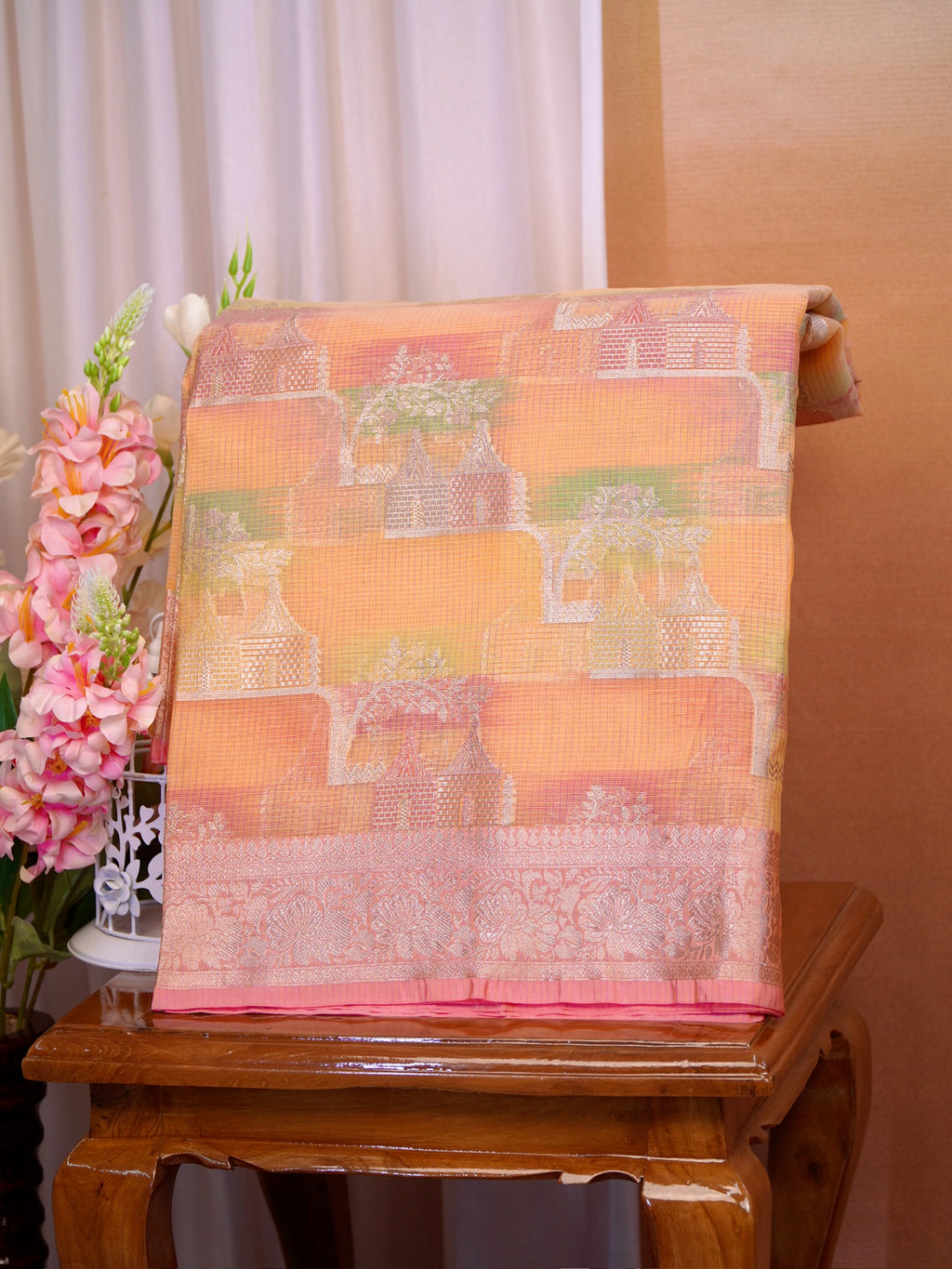 Multicolor Pastels Banarasi Soft Organza Silk Saree with Village Landscape Zari Weave