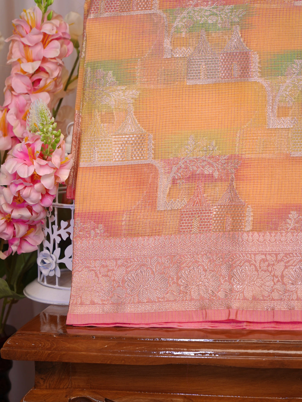 Multicolor Pastels Banarasi Soft Organza Silk Saree with Village Landscape Zari Weave