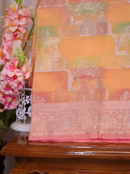 Multicolor Pastels Banarasi Soft Organza Silk Saree with Village Landscape Zari Weave