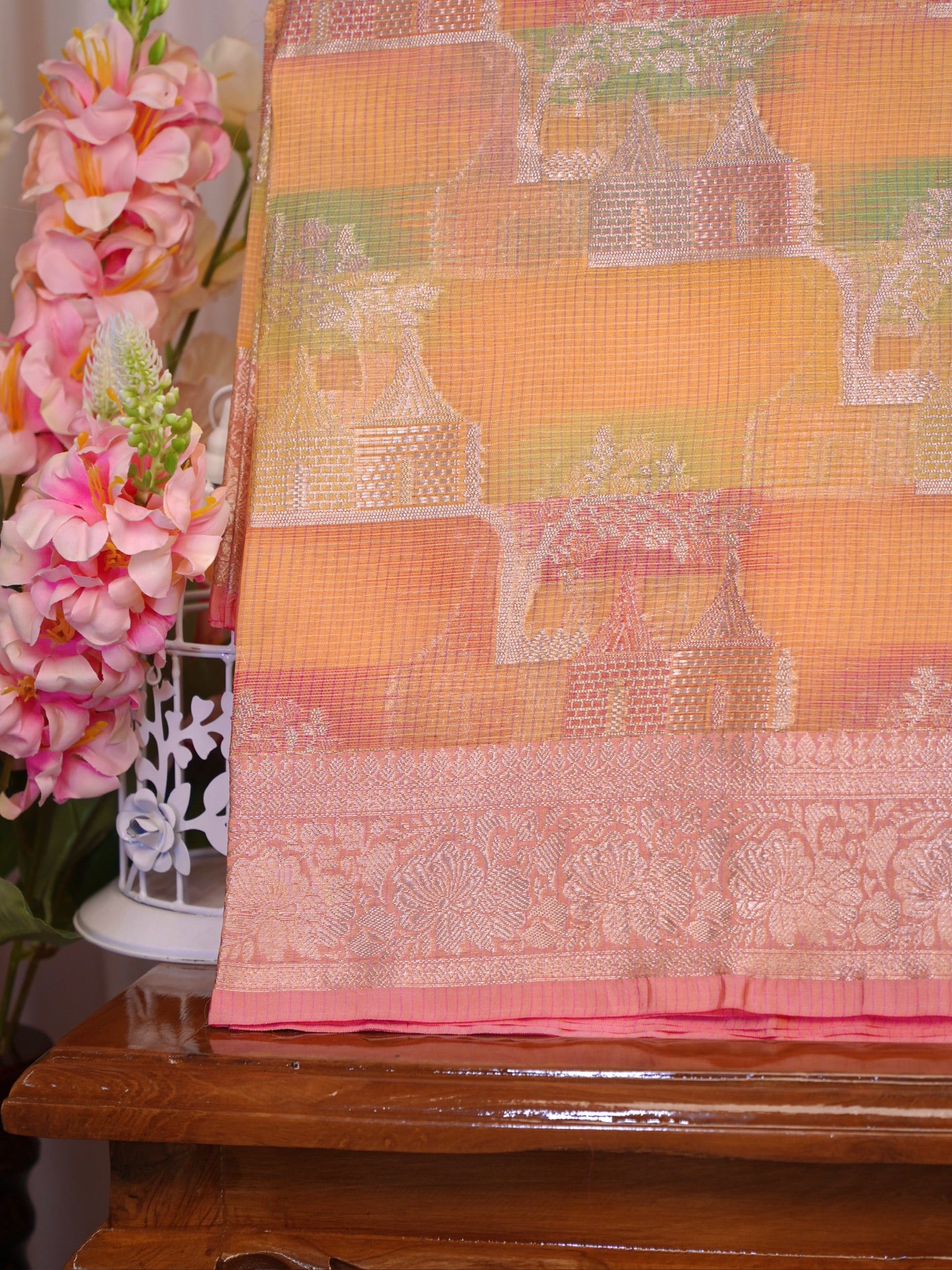 Multicolor Pastels Banarasi Soft Organza Silk Saree with Village Landscape Zari Weave