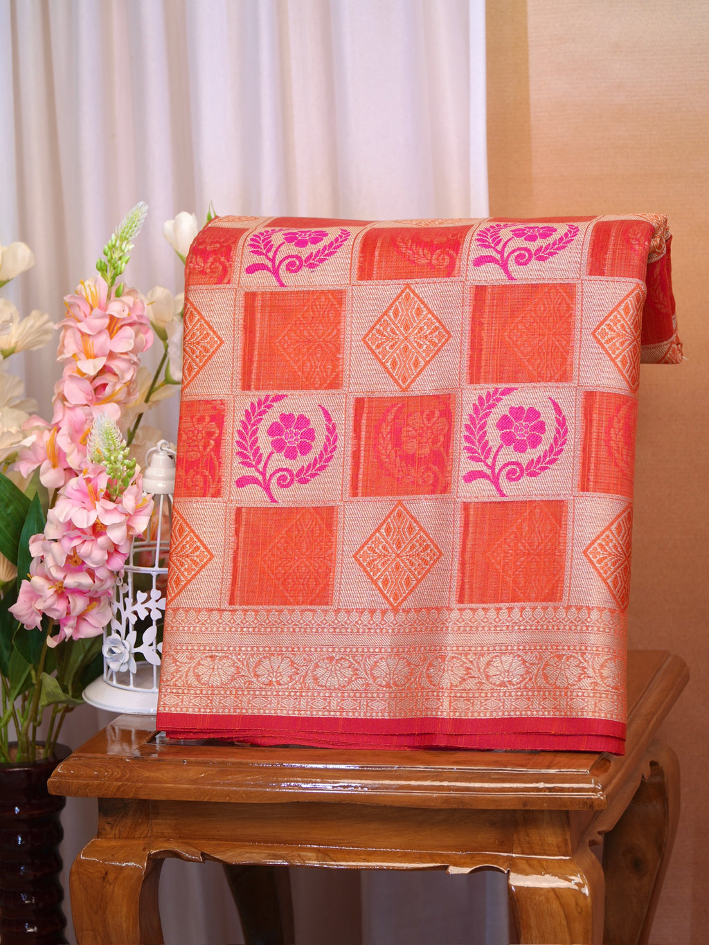 Orange Banarasi Soft Kota Silk Saree with Geometric &amp; Floral Weave