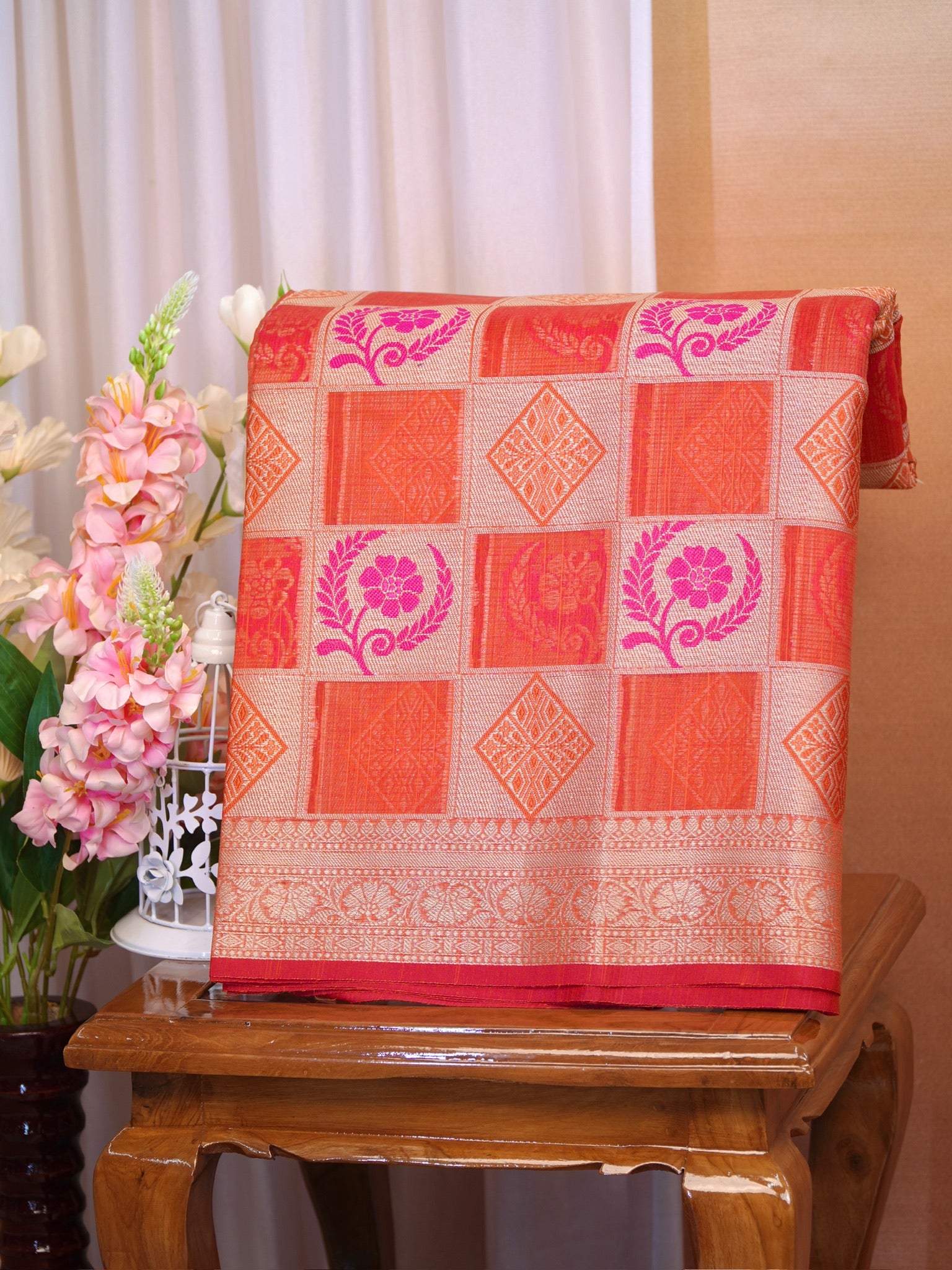 Orange Banarasi Soft Kota Silk Saree with Geometric &amp; Floral Weave