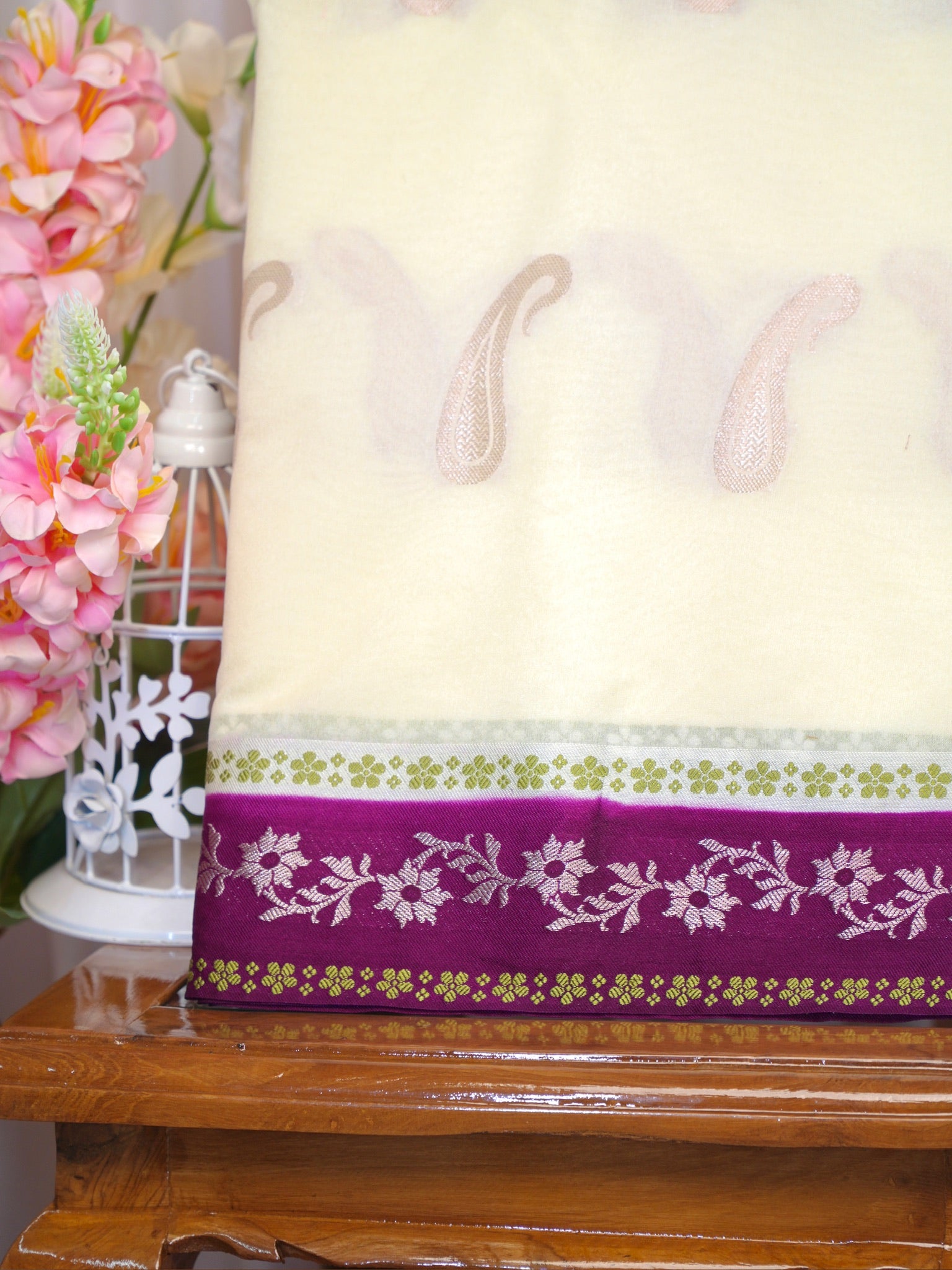 Off-White & Deep Plum Woven Paisley Banarasi Soft Silk Saree