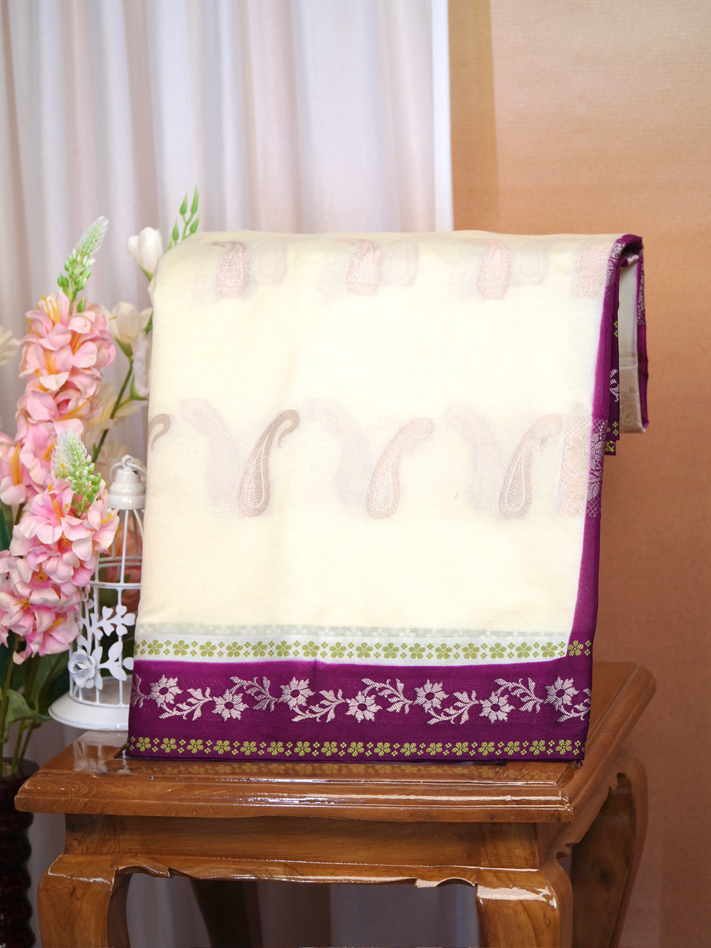 Off-White & Deep Plum Woven Paisley Banarasi Soft Silk Saree