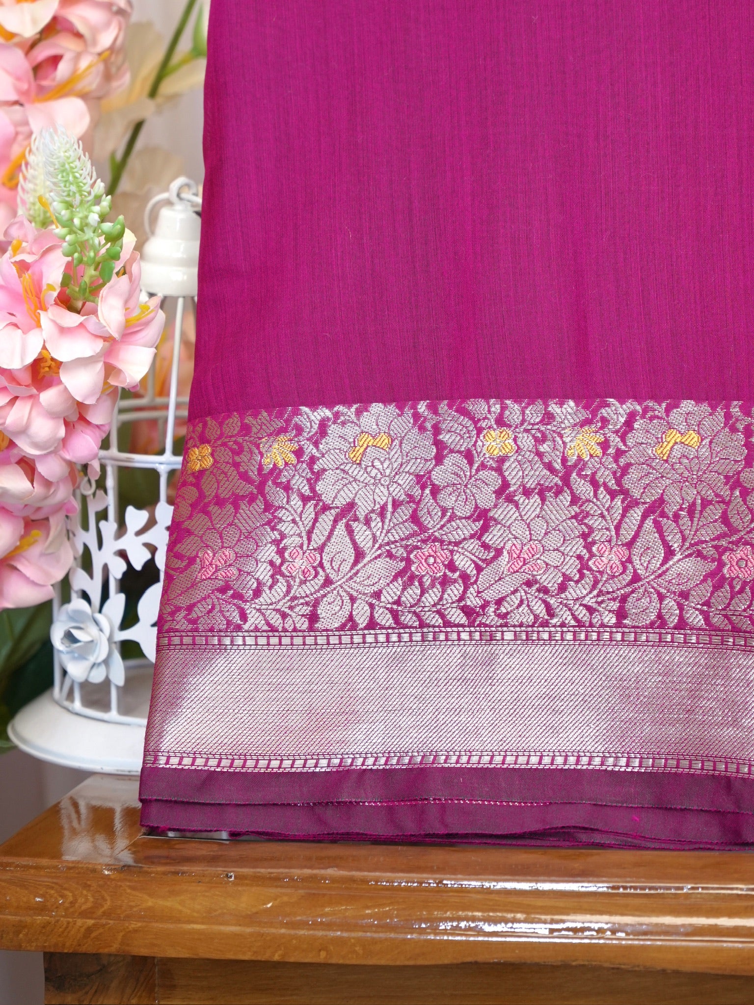 Magenta Banarasi Soft Silk Saree with Meenakari Zari Weaving