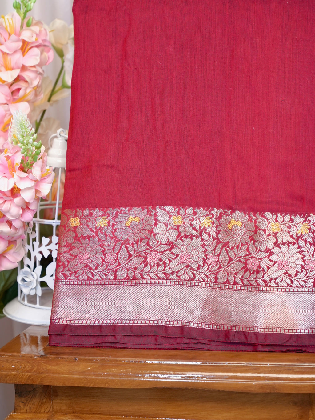 Maroon Crimson Banarasi Soft Silk Saree with Meenakari Zari Weaving