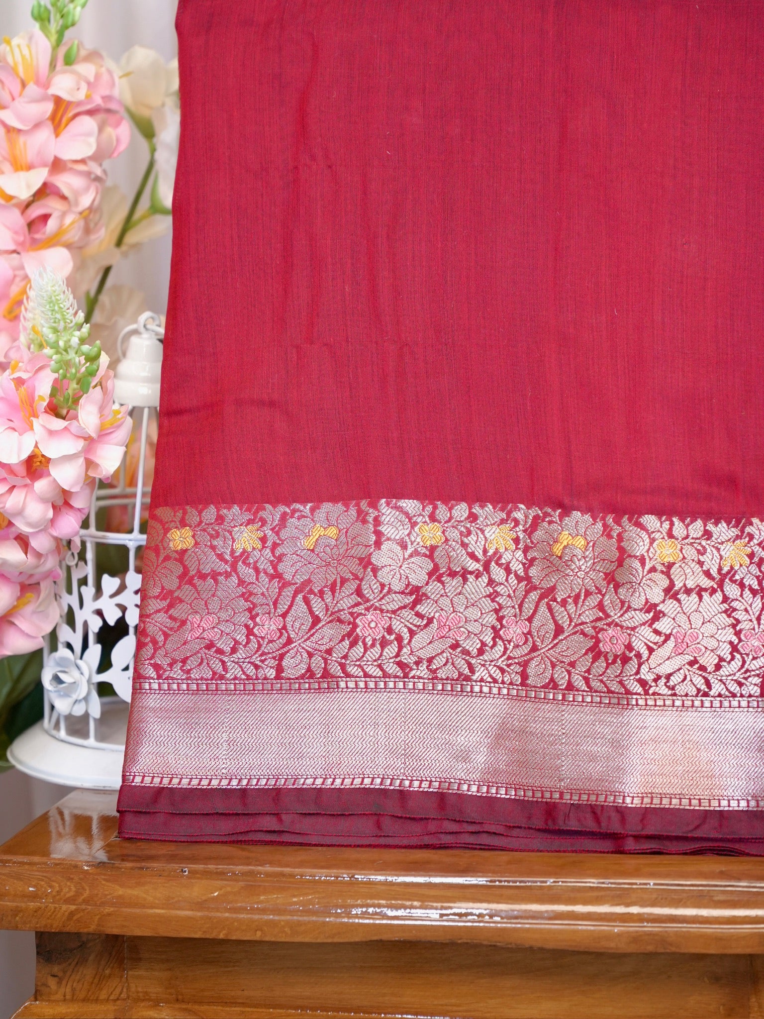 Maroon Crimson Banarasi Soft Silk Saree with Meenakari Zari Weaving