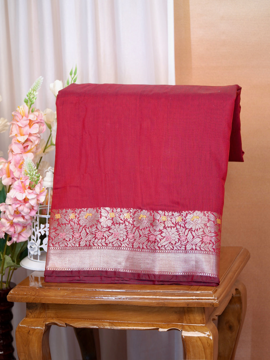 Maroon Crimson Banarasi Soft Silk Saree with Meenakari Zari Weaving