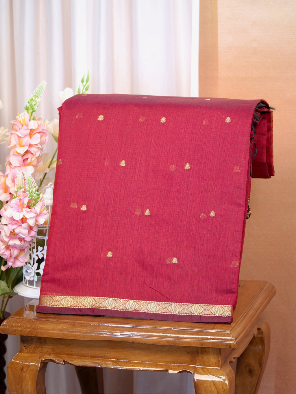 Crimson Red & Charcoal Black Banarasi Soft Cotton Silk Saree with Zari Buttis
