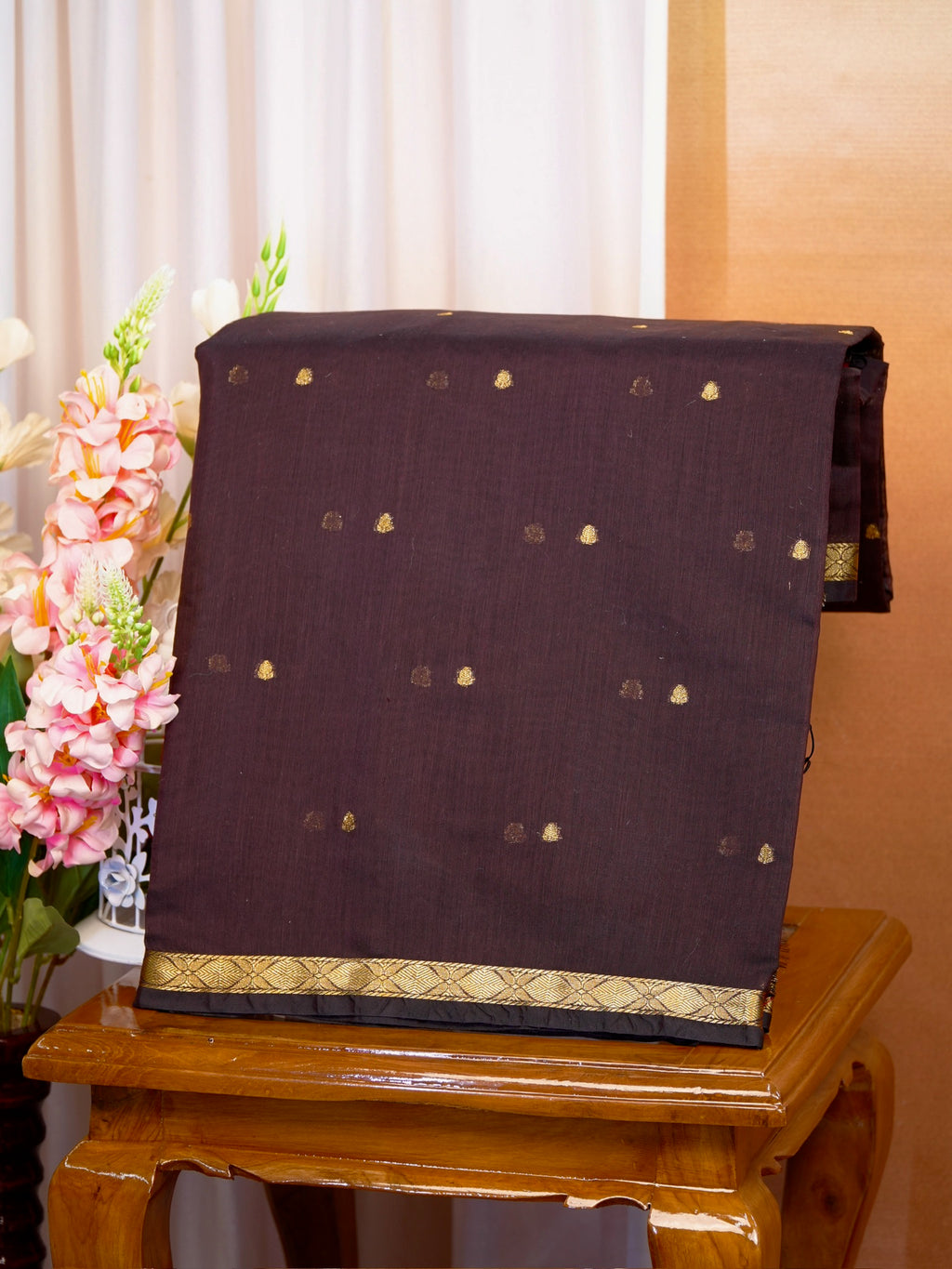 Dark Chocolate Brown & Red Banarasi Soft Cotton Silk Saree with Zari Buttis