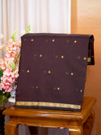 Dark Chocolate Brown & Red Banarasi Soft Cotton Silk Saree with Zari Buttis