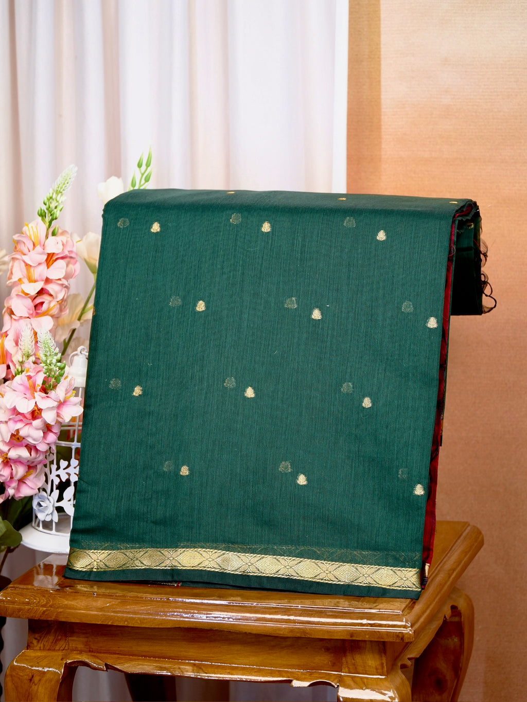 Bottle Green & Red Banarasi Soft Cotton Silk Saree with Zari Buttis