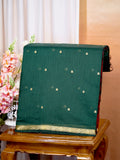 Bottle Green & Red Banarasi Soft Cotton Silk Saree with Zari Buttis