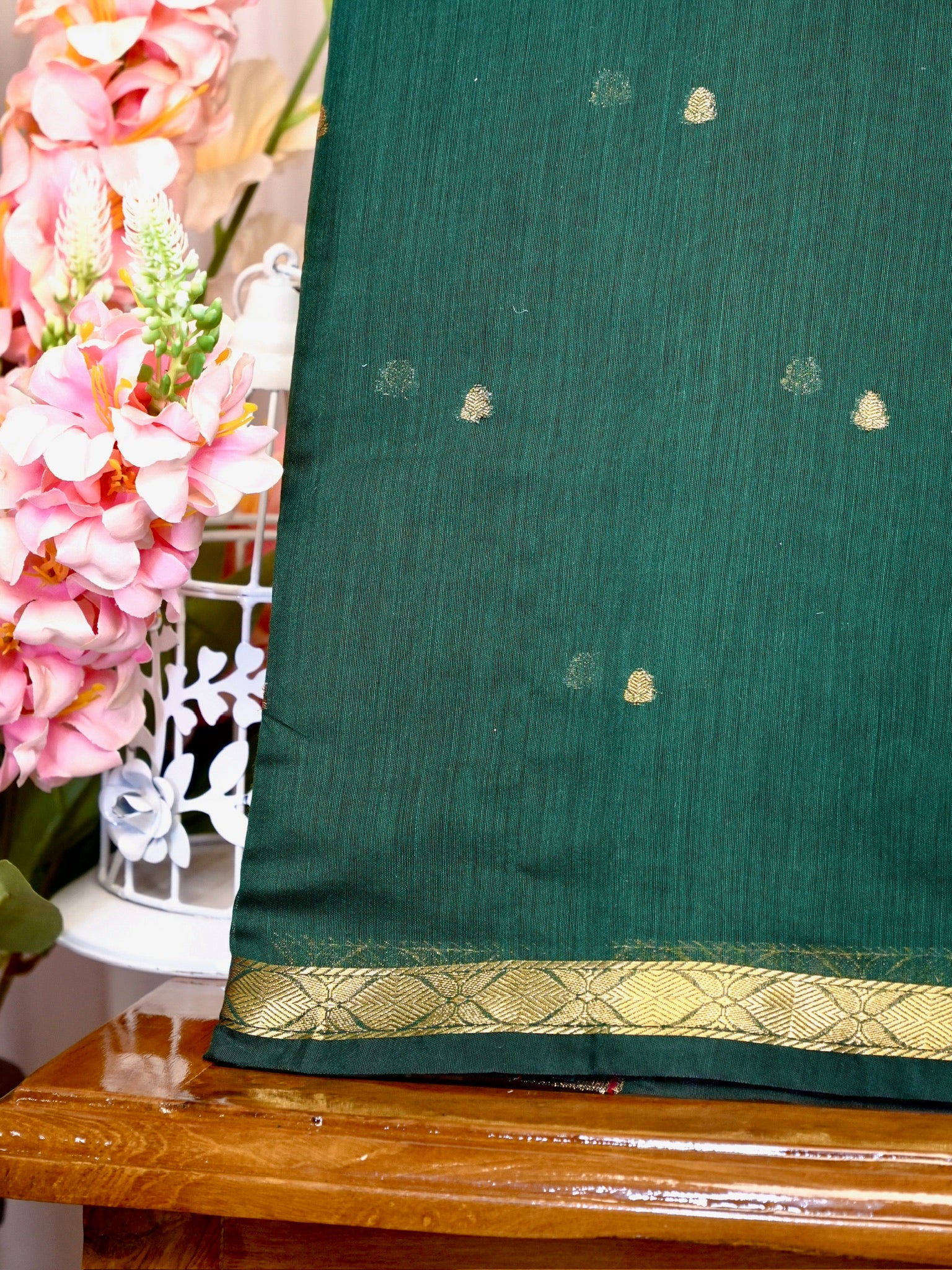 Bottle Green & Red Banarasi Soft Cotton Silk Saree with Zari Buttis