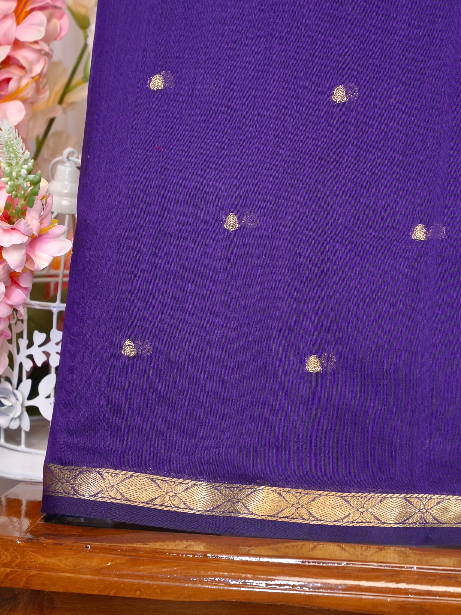 Purple & Sky Blue Banarasi Soft Cotton Silk Saree with Zari Buttis